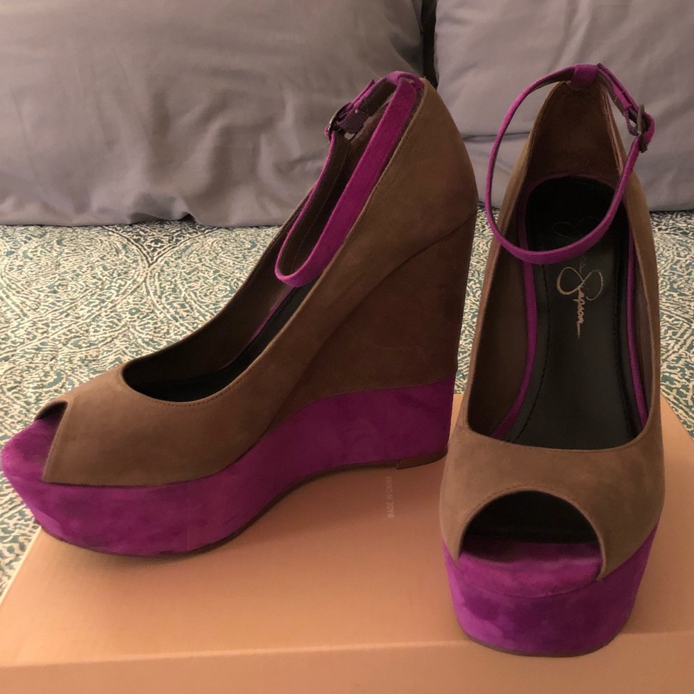 Purple and tan platform wedges w/ankle strap